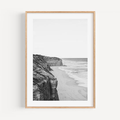 Serene Coastal Cliffscape in Elegant Black and White Oil Painting