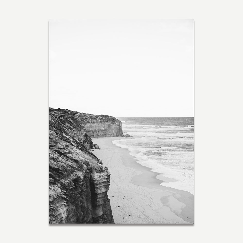 Serene Coastal Cliffscape in Elegant Black and White Oil Painting
