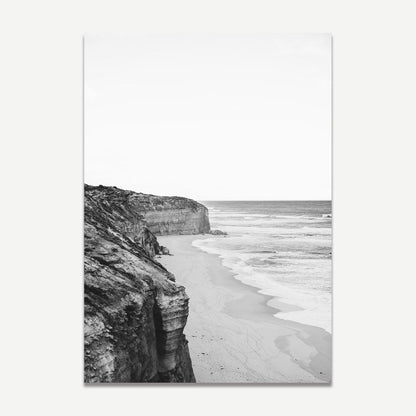 Serene Coastal Cliffscape in Elegant Black and White Oil Painting