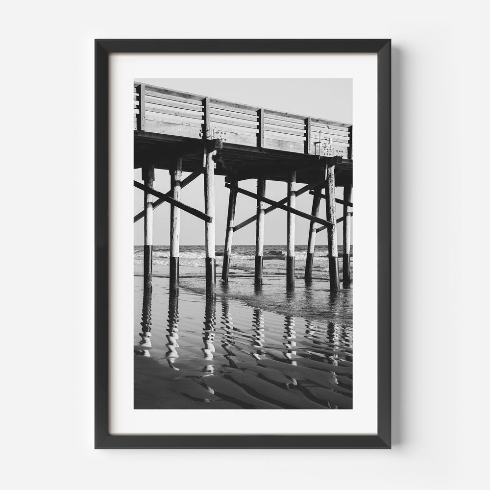 Black and White Coastal Pier Oil Painting - Serene Ocean Reflections