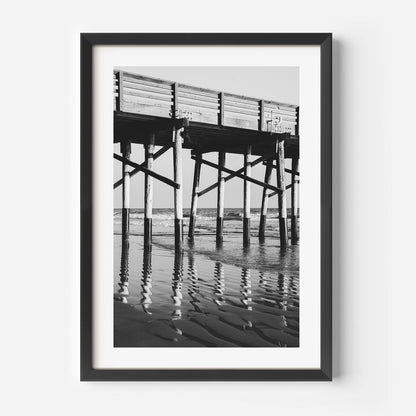 Black and White Coastal Pier Oil Painting - Serene Ocean Reflections