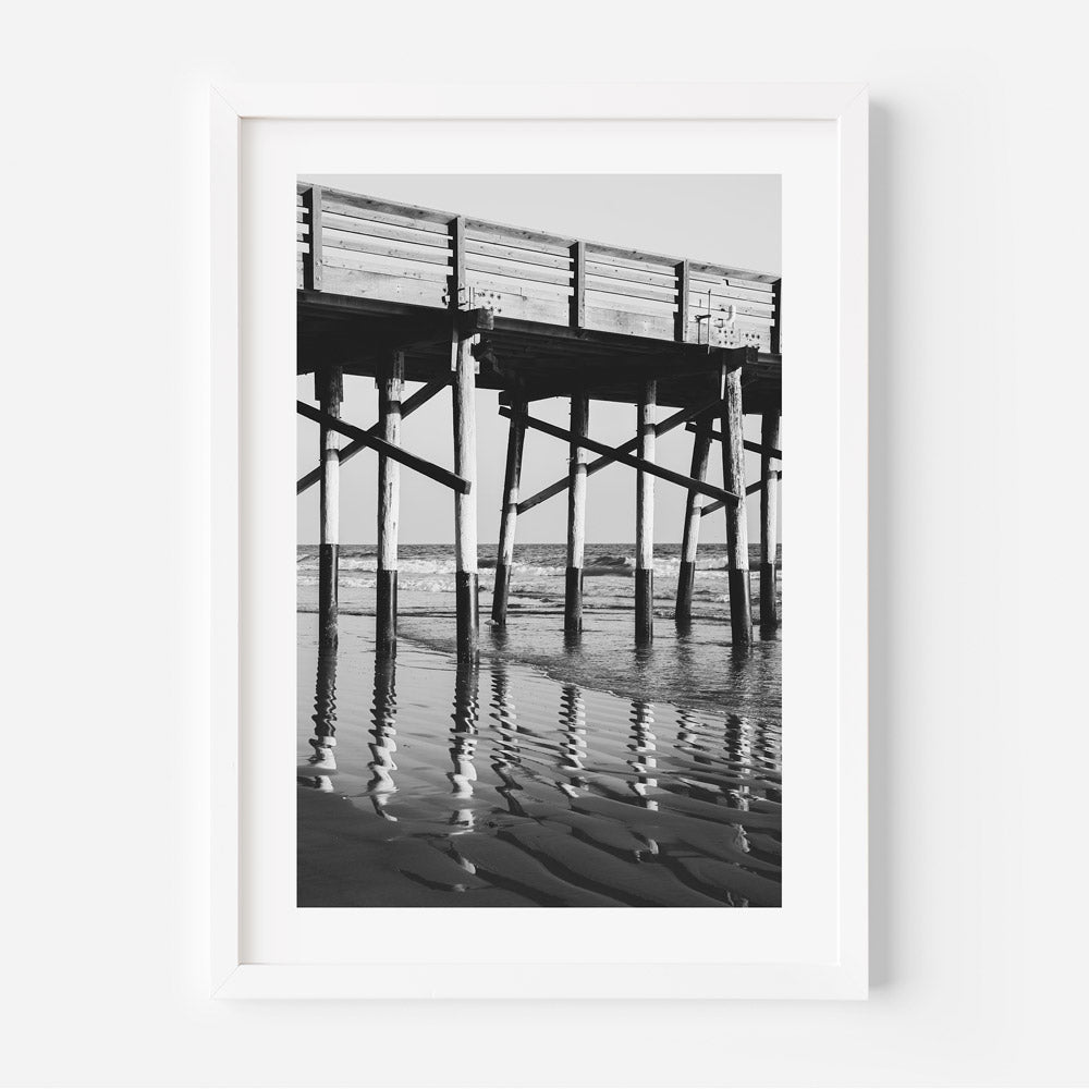 Black and White Coastal Pier Oil Painting - Serene Ocean Reflections
