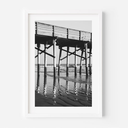 Black and White Coastal Pier Oil Painting - Serene Ocean Reflections