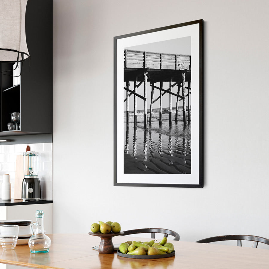 Black and White Coastal Pier Oil Painting - Serene Ocean Reflections