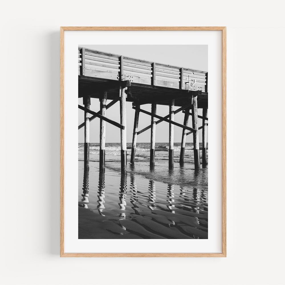 Black and White Coastal Pier Oil Painting - Serene Ocean Reflections