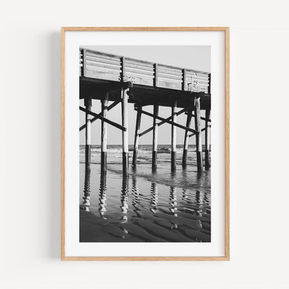 Black and White Coastal Pier Oil Painting - Serene Ocean Reflections