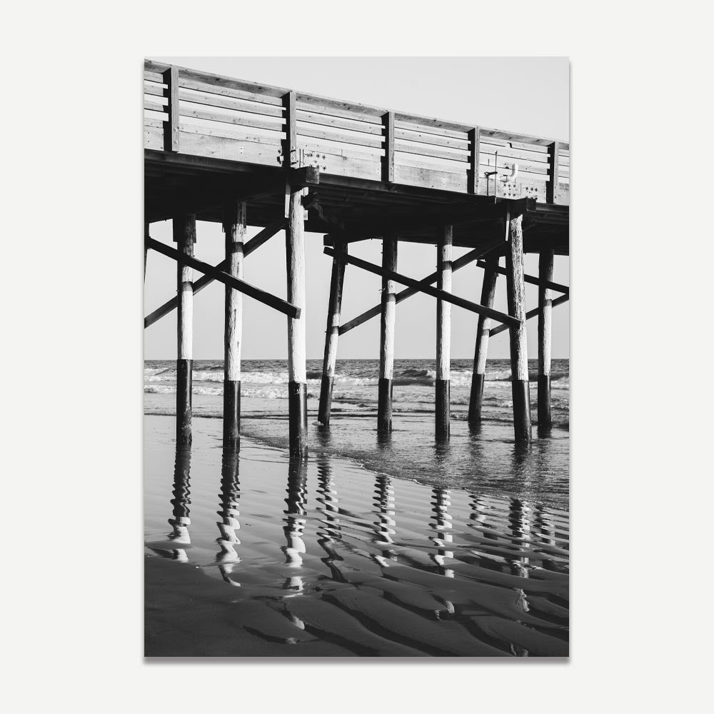 Black and White Coastal Pier Oil Painting - Serene Ocean Reflections