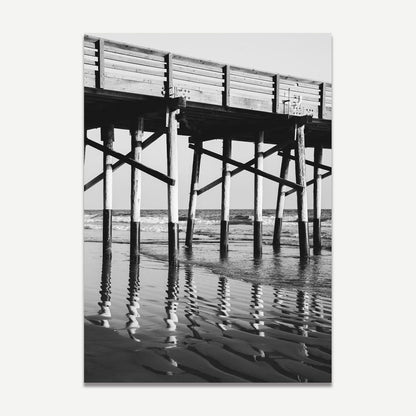 Black and White Coastal Pier Oil Painting - Serene Ocean Reflections