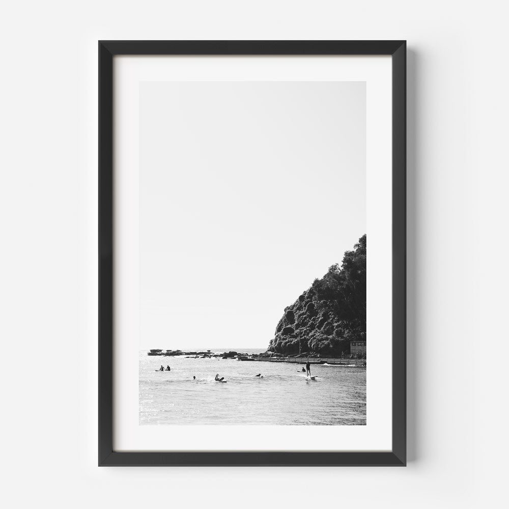 Black and White Surfing Scene at Palm Beach - Ocean Wall Art Decor