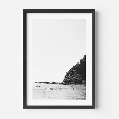 Black and White Surfing Scene at Palm Beach - Ocean Wall Art Decor
