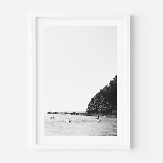 Black and White Surfing Scene at Palm Beach - Ocean Wall Art Decor