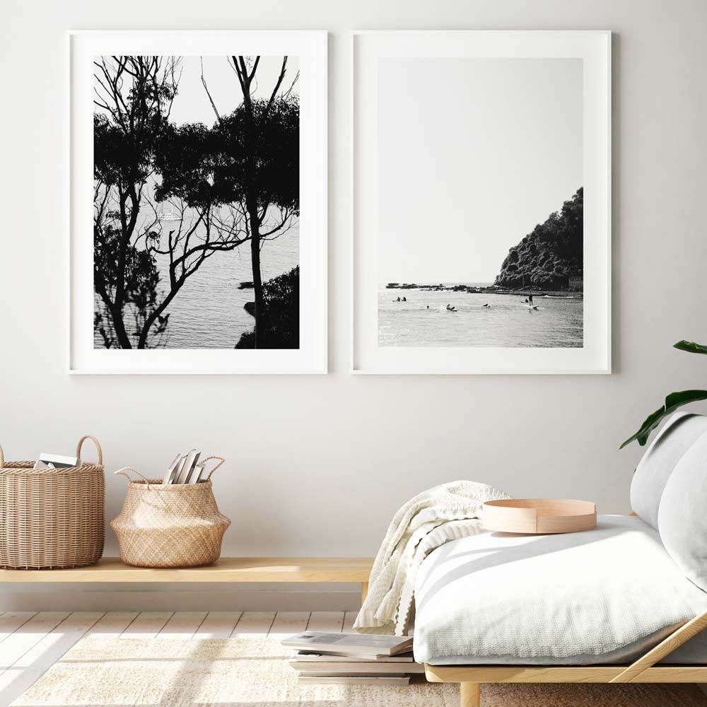 Black and White Surfing Scene at Palm Beach - Ocean Wall Art Decor