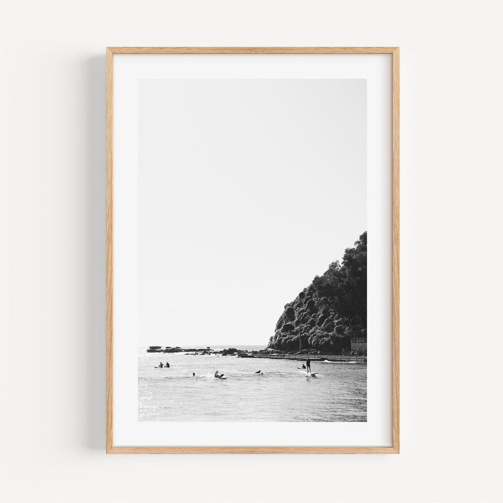 Black and White Surfing Scene at Palm Beach - Ocean Wall Art Decor