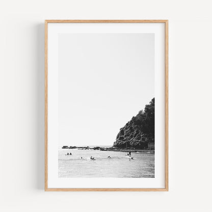 Black and White Surfing Scene at Palm Beach - Ocean Wall Art Decor