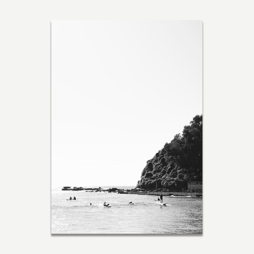 Black and White Surfing Scene at Palm Beach - Ocean Wall Art Decor