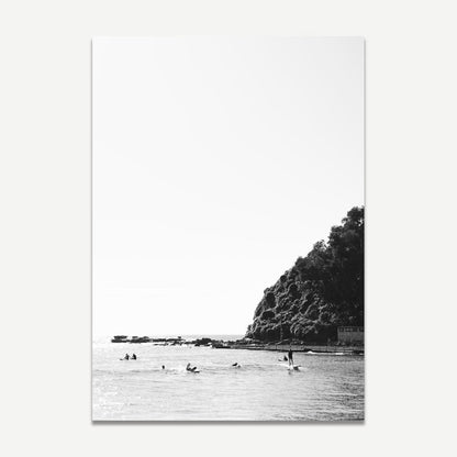 Black and White Surfing Scene at Palm Beach - Ocean Wall Art Decor