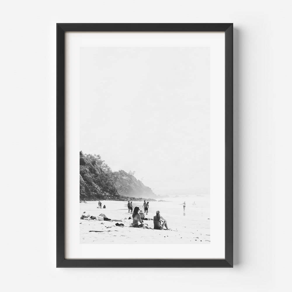 Serene Beach Scene with Bathers at Wategos – Elegant Black and White Oil Painting