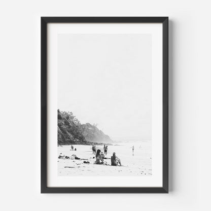 Serene Beach Scene with Bathers at Wategos – Elegant Black and White Oil Painting
