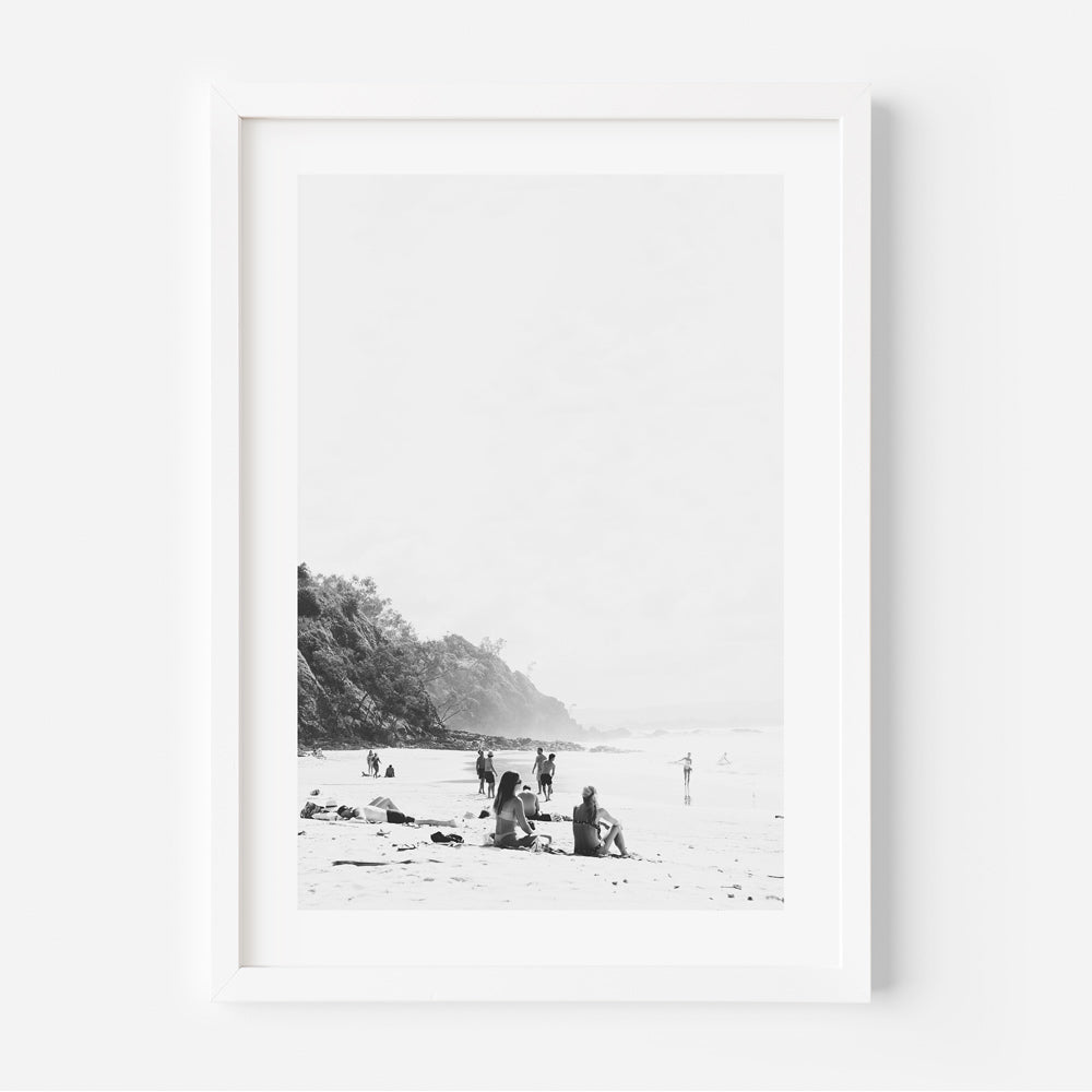 Serene Beach Scene with Bathers at Wategos – Elegant Black and White Oil Painting