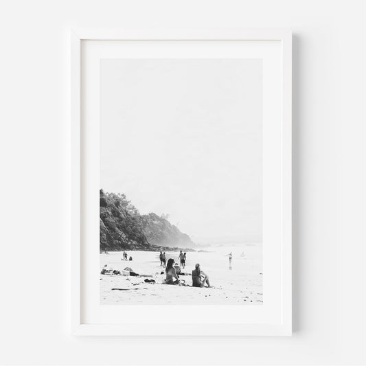 Serene Beach Scene with Bathers at Wategos – Elegant Black and White Oil Painting