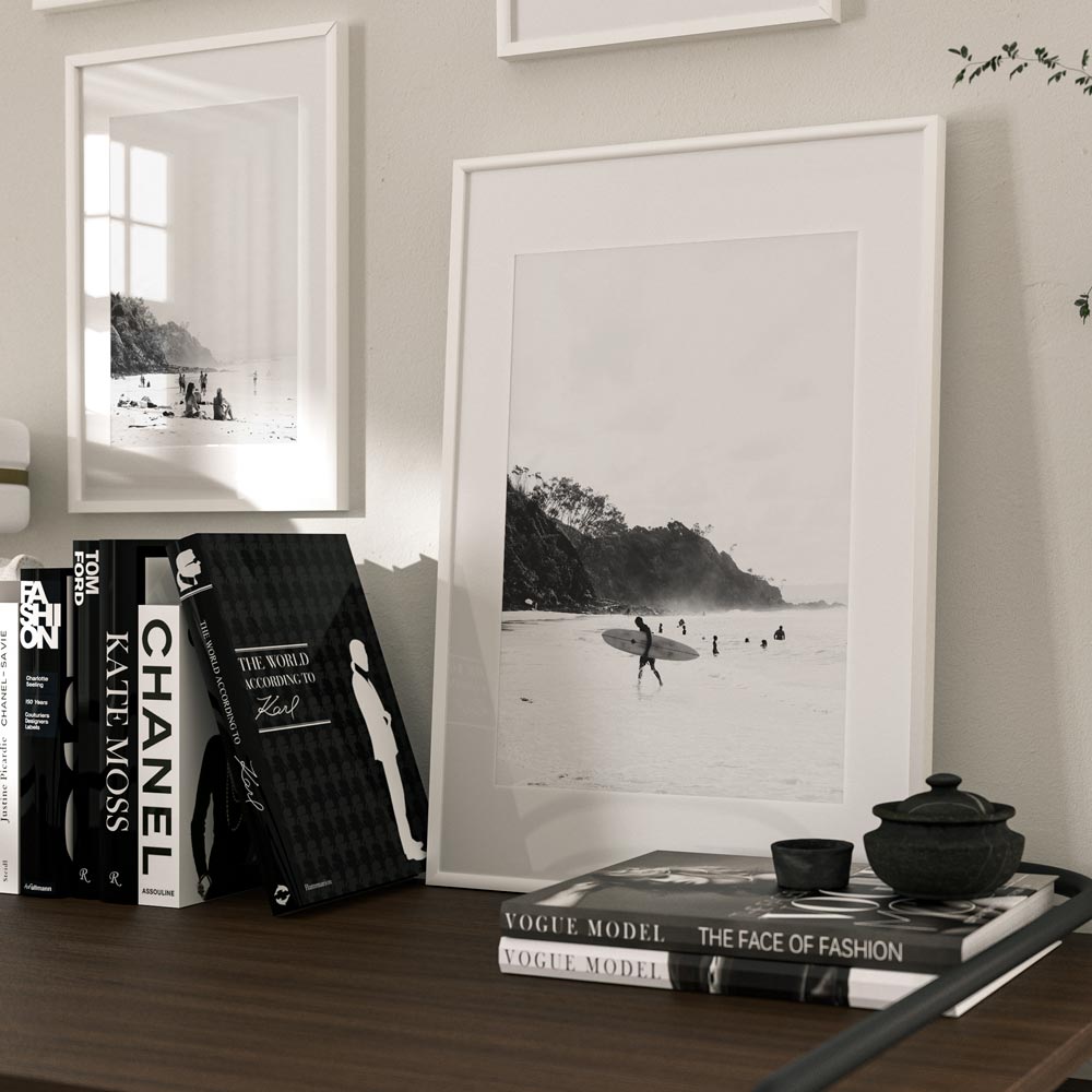 Serene Beach Scene with Bathers at Wategos – Elegant Black and White Oil Painting