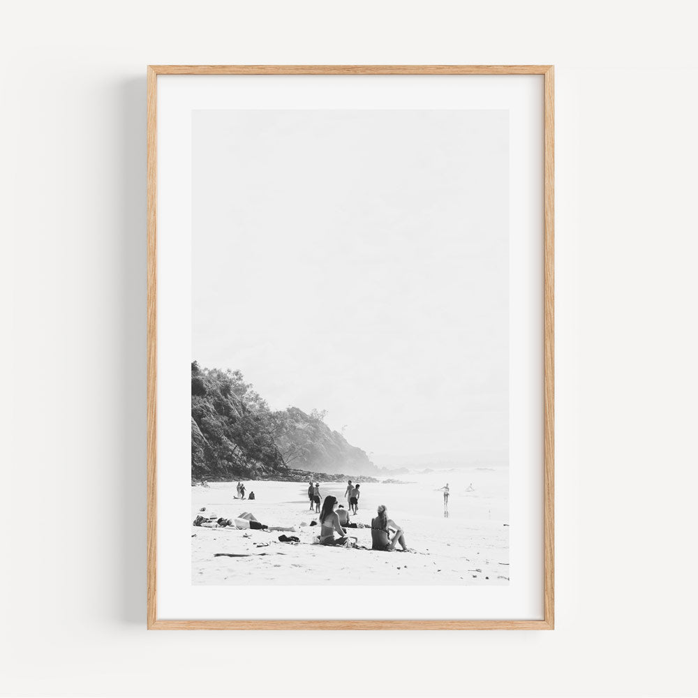 Serene Beach Scene with Bathers at Wategos – Elegant Black and White Oil Painting