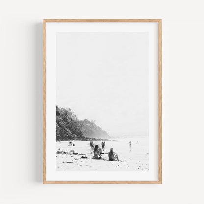 Serene Beach Scene with Bathers at Wategos – Elegant Black and White Oil Painting