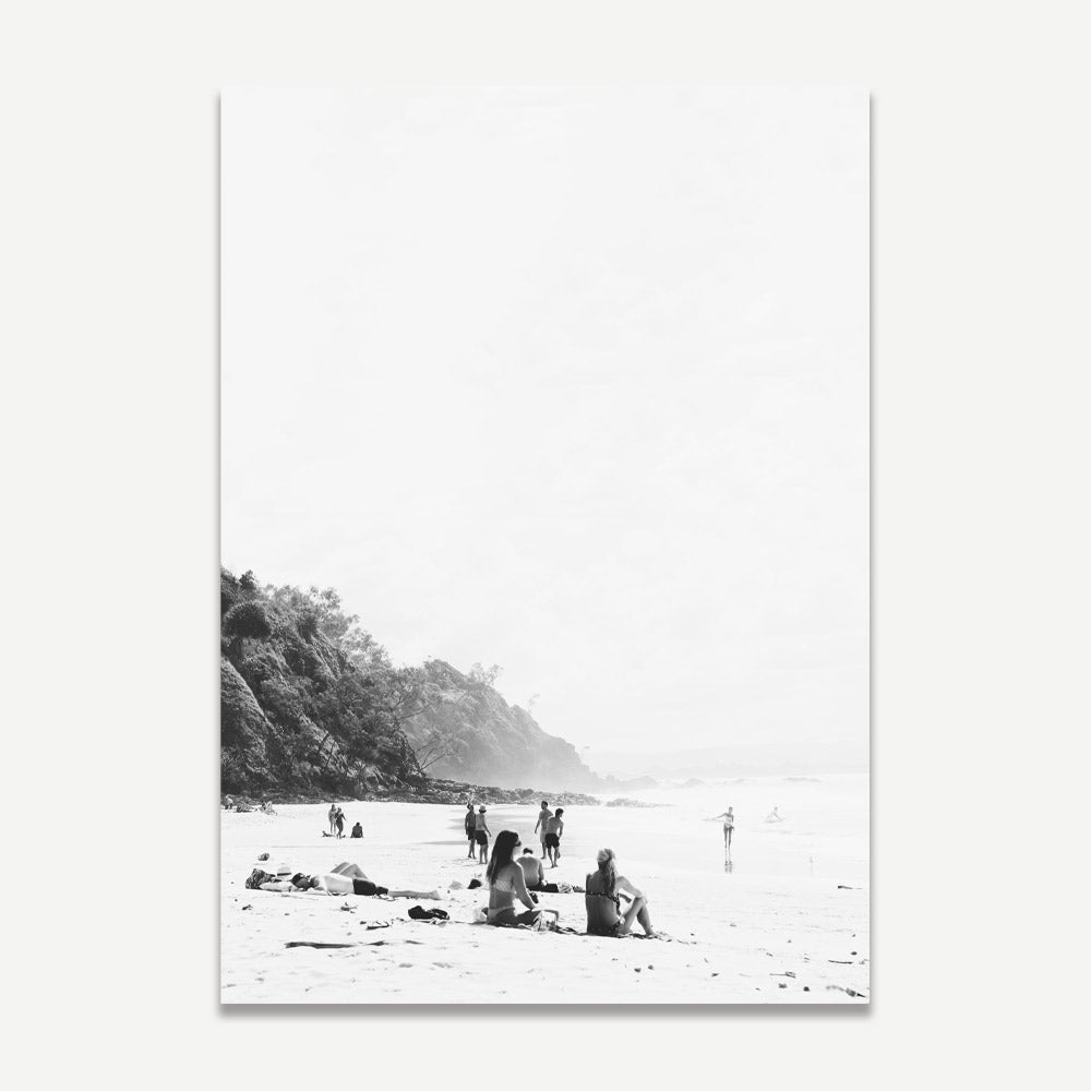 Serene Beach Scene with Bathers at Wategos – Elegant Black and White Oil Painting