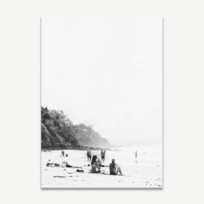 Serene Beach Scene with Bathers at Wategos – Elegant Black and White Oil Painting