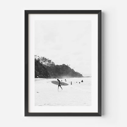 Monochrome Surfers at Wategos Beach - Elegant Coastal Oil Painting