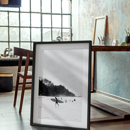 Monochrome Surfers at Wategos Beach - Elegant Coastal Oil Painting