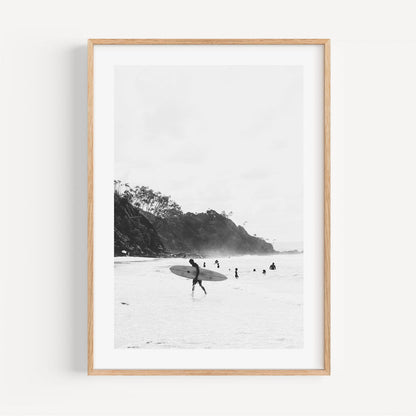 Monochrome Surfers at Wategos Beach - Elegant Coastal Oil Painting