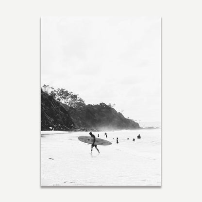 Monochrome Surfers at Wategos Beach - Elegant Coastal Oil Painting