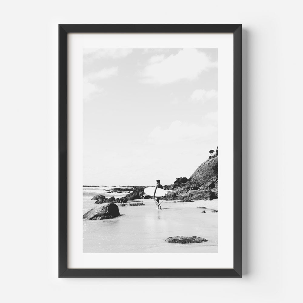 Black and White Coastal Surfer Art - Wategos Beach Serenity