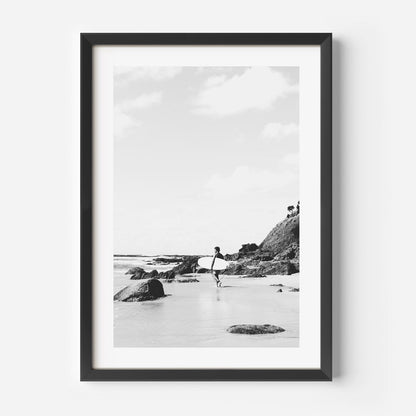 Black and White Coastal Surfer Art - Wategos Beach Serenity