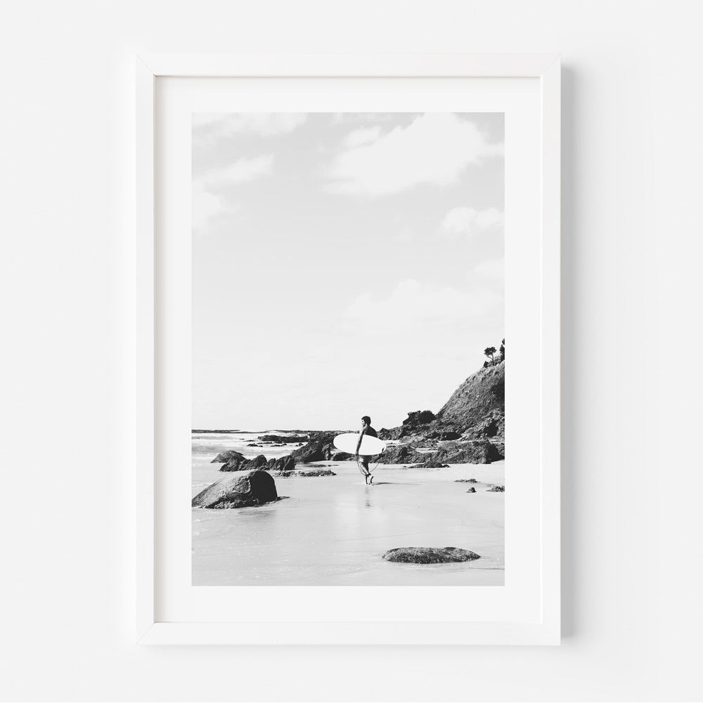 Black and White Coastal Surfer Art - Wategos Beach Serenity