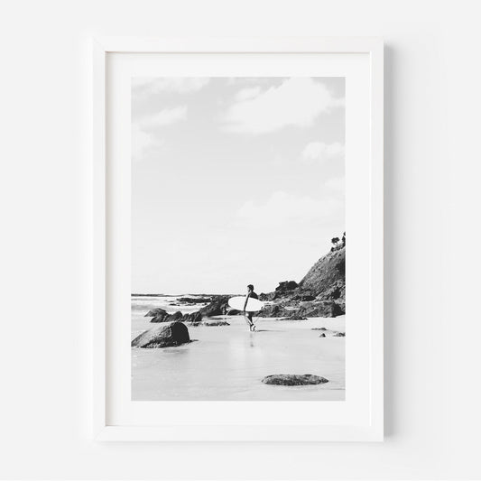 Black and White Coastal Surfer Art - Wategos Beach Serenity