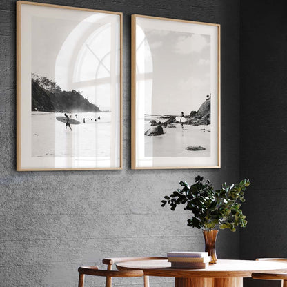Black and White Coastal Surfer Art - Wategos Beach Serenity