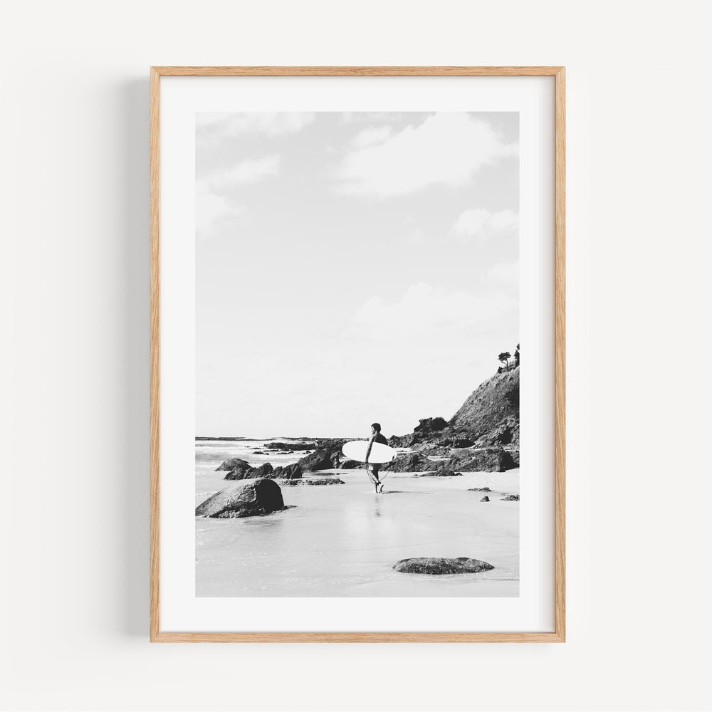 Black and White Coastal Surfer Art - Wategos Beach Serenity
