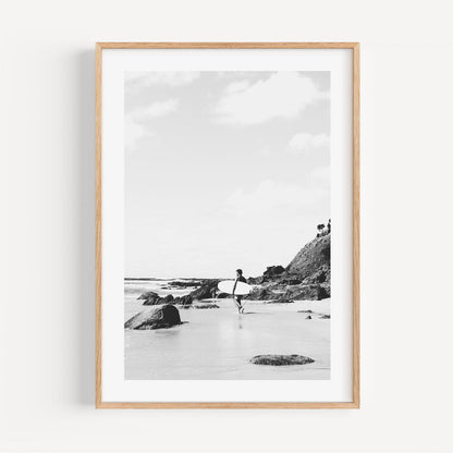 Black and White Coastal Surfer Art - Wategos Beach Serenity