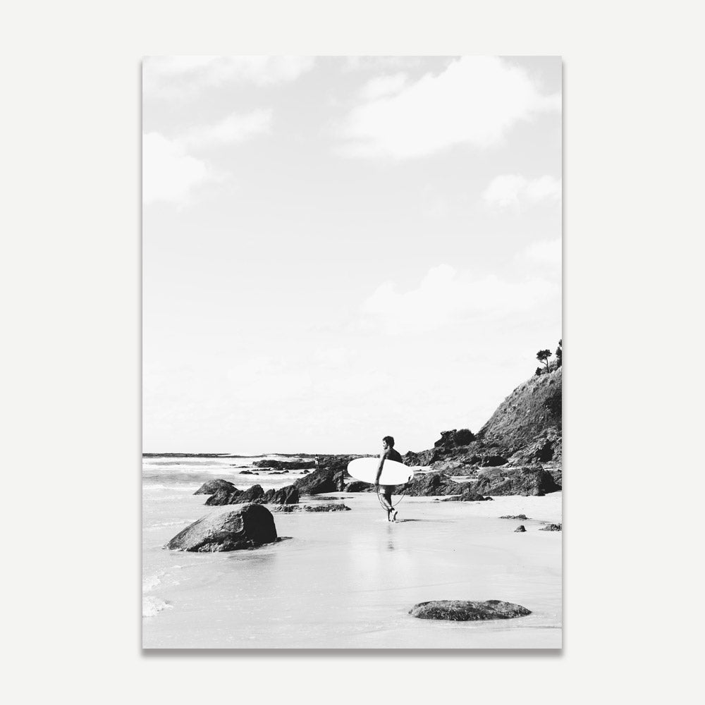 Black and White Coastal Surfer Art - Wategos Beach Serenity