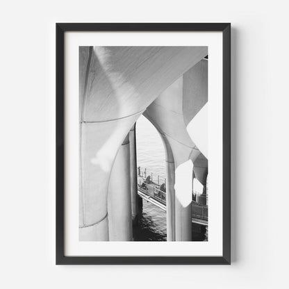 Black and White Abstract Island View Under Archways - Modern Oil Painting