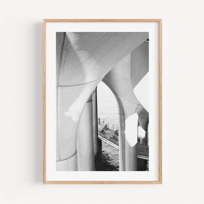 Black and White Abstract Island View Under Archways - Modern Oil Painting