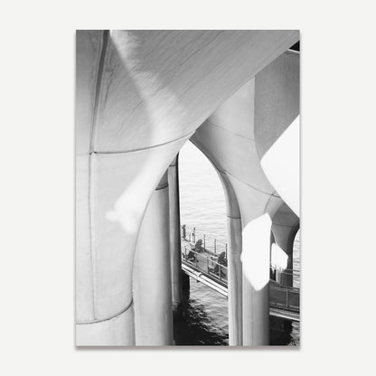 Black and White Abstract Island View Under Archways - Modern Oil Painting