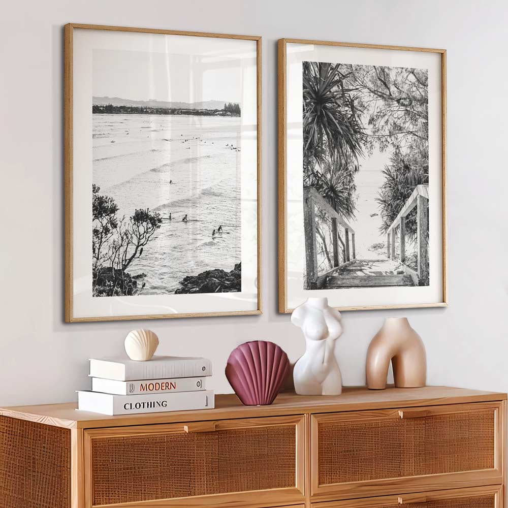 Black and White Coastal Surfers Oil Painting for Beach Home Decor