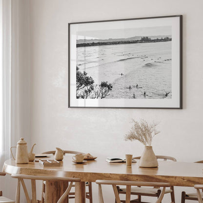 Serene Ocean Waves with Surfers in Black and White Art Print
