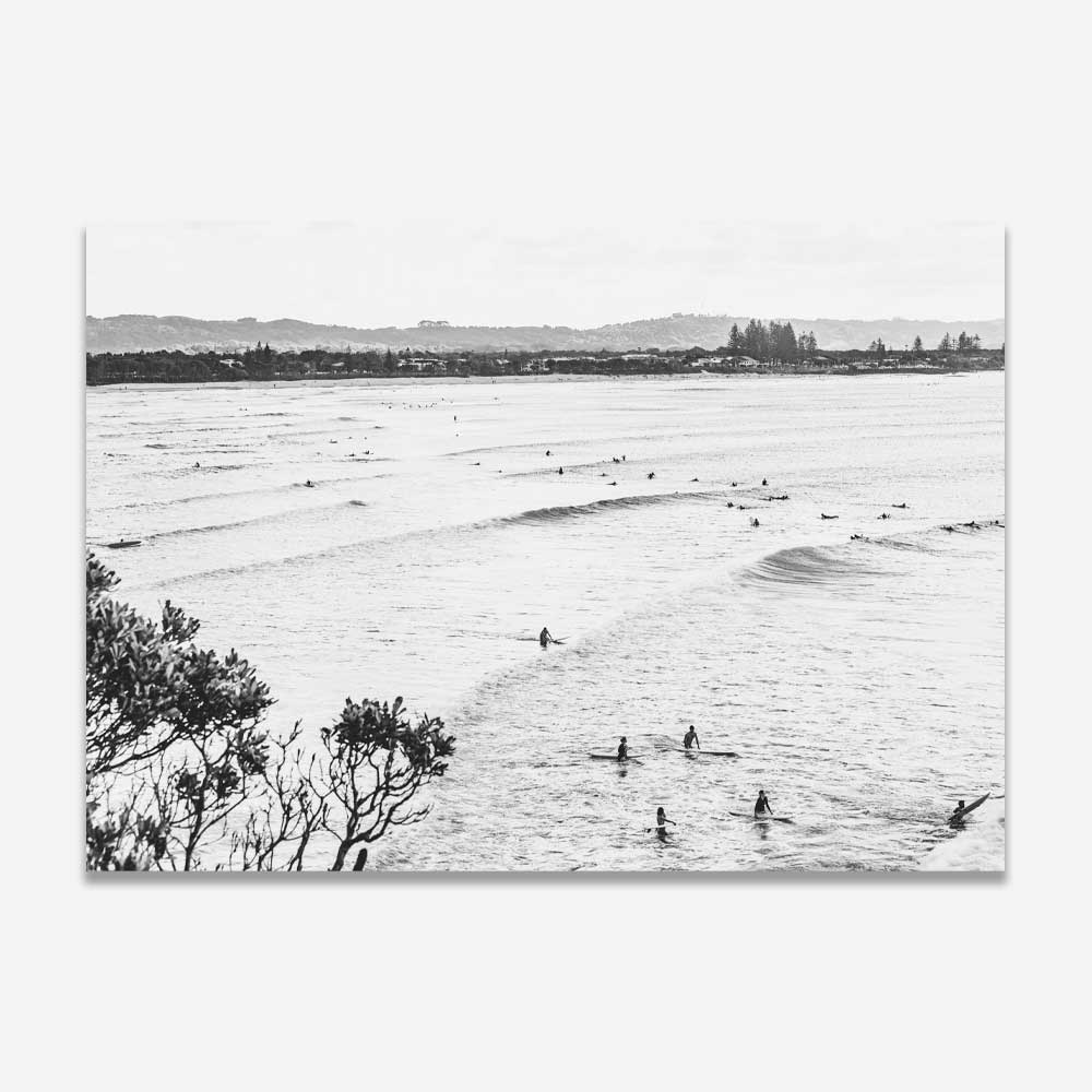 Serene Ocean Waves with Surfers in Black and White Art Print