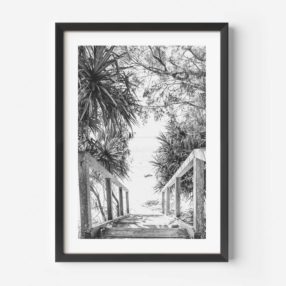 Scenic Black and White Beach Stairs Art - Coastal Pathway Oil Painting