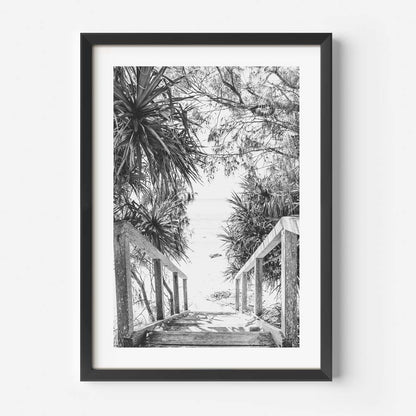 Scenic Black and White Beach Stairs Art - Coastal Pathway Oil Painting