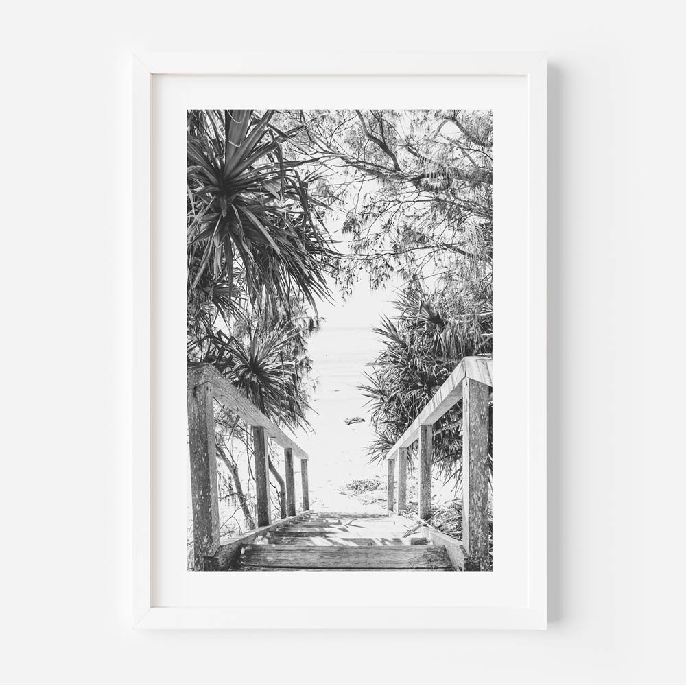 Scenic Black and White Beach Stairs Art - Coastal Pathway Oil Painting
